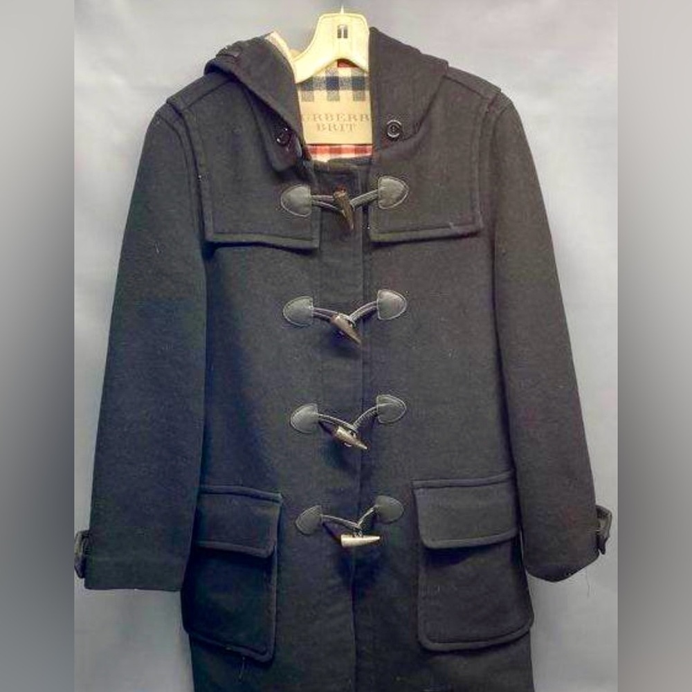 Burberry Brit Black Herringbone Toggle Coat – Plaid Lining – Size 8